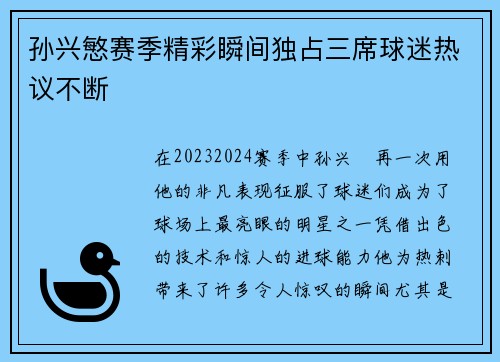 孙兴慜赛季精彩瞬间独占三席球迷热议不断