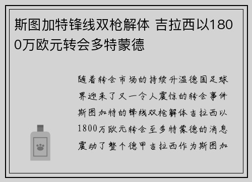 斯图加特锋线双枪解体 吉拉西以1800万欧元转会多特蒙德