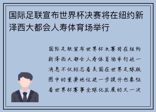 国际足联宣布世界杯决赛将在纽约新泽西大都会人寿体育场举行